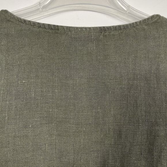 Hot Cotton Linen Blend Top Women's M Olive Brass Stud Neckline Lagenlook Grunge - Picture 7 of 7